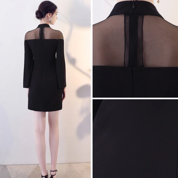 Simple Noire Transparentes Robe De Soirée 2018 Col Haut Unique Manches Longues Courte Robe De Ceremonie