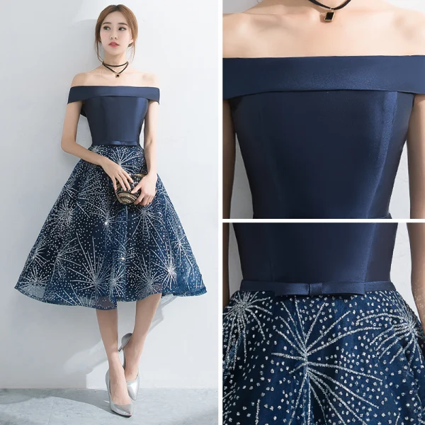 Elegante Marineblau Heimkehr Abiballkleider 2017 Fallende Rüsche A Linie Knielang Off Shoulder Kurze Ärmel Rückenfreies Schleife Stoffgürtel Strass Festliche Kleider