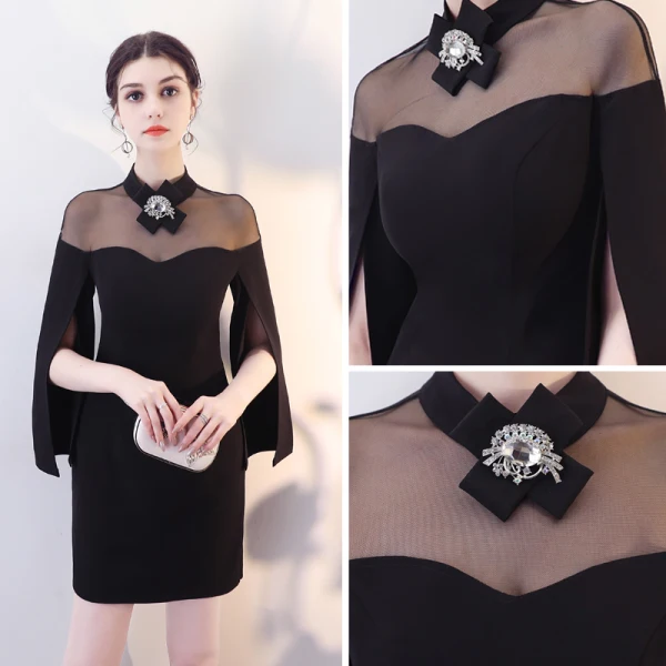 Simple Noire Transparentes Robe De Soirée 2018 Col Haut Unique Manches Longues Courte Robe De Ceremonie