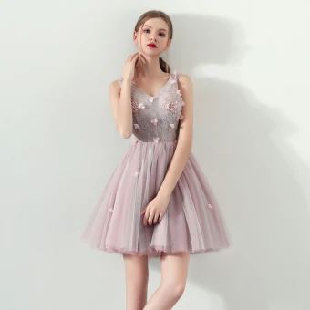 Modern Fashion Pearl Pink Summer Cocktail Dresses 2018 Ball Gown V Neck Sleeveless Appliques Flower Beading Pearl Short Ruffle Backless Formal Dresses