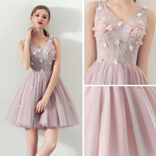 Moderne / Mode Perle Rose Été Robe De Cocktail 2018 Robe Boule V-Cou Sans Manches Appliques Fleur Perlage Perle Courte Volants Dos Nu Robe De Ceremonie