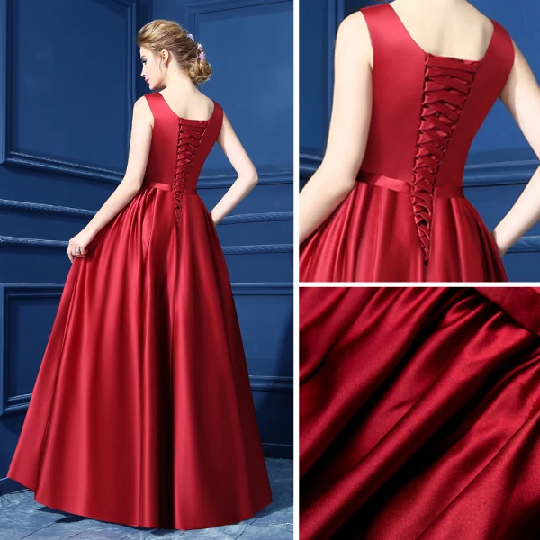 Chic / Beautiful Burgundy Evening Dresses  2018 A-Line / Princess Scoop Neck Sleeveless Appliques Lace Crystal Sash Floor-Length / Long Ruffle Backless Formal Dresses
