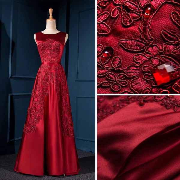 Chic / Beautiful Burgundy Evening Dresses  2018 A-Line / Princess Scoop Neck Sleeveless Appliques Lace Crystal Sash Floor-Length / Long Ruffle Backless Formal Dresses