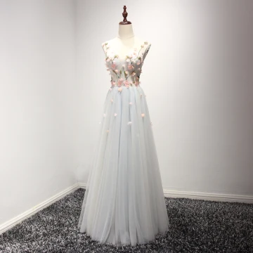 Chic Beautiful Sky Blue Evening Dresses 2017 A Line Princess Floor Length Long Cascading Ruffles V Neck Sleeveless Backless Appliques Flower Beading Crystal Bow Sash Formal Dresses