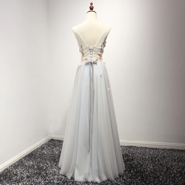 Chic / Beautiful Sky Blue Evening Dresses 2017 A-Line / Princess Floor-Length / Long Cascading Ruffles V-Neck Sleeveless Backless Appliques Flower Beading Crystal Bow Sash Formal Dresses