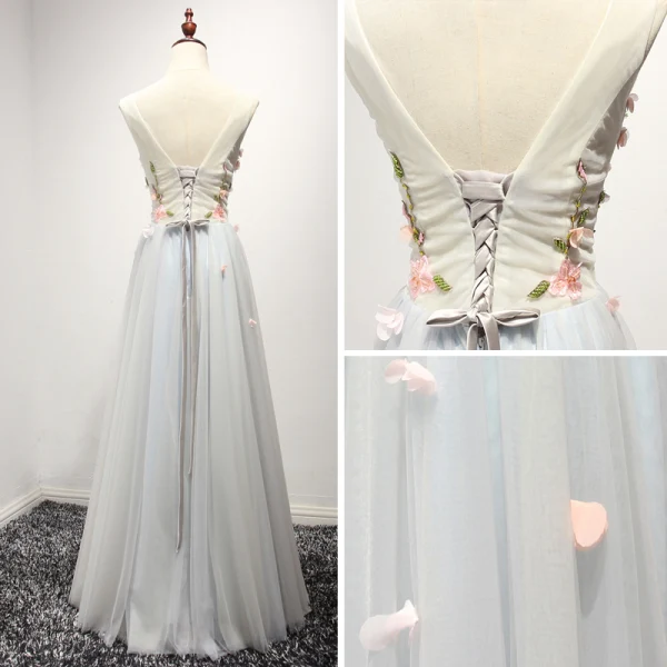 Chic / Beautiful Sky Blue Evening Dresses 2017 A-Line / Princess Floor-Length / Long Cascading Ruffles V-Neck Sleeveless Backless Appliques Flower Beading Crystal Bow Sash Formal Dresses