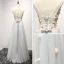 Chic / Beautiful Sky Blue Evening Dresses  2017 A-Line / Princess Floor-Length / Long Cascading Ruffles V-Neck Sleeveless Backless Appliques Flower Beading Crystal Bow Sash Formal Dresses