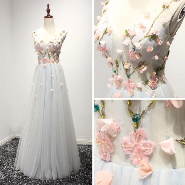Chic / Beautiful Sky Blue Evening Dresses 2017 A-Line / Princess Floor-Length / Long Cascading Ruffles V-Neck Sleeveless Backless Appliques Flower Beading Crystal Bow Sash Formal Dresses