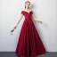 Elegant Burgundy Evening Dresses  2018 A-Line / Princess Off-The-Shoulder V-Neck Short Sleeve Appliques Lace Beading Crystal Floor-Length / Long Ruffle Backless Formal Dresses