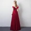 Elegant Burgundy Evening Dresses  2018 A-Line / Princess Off-The-Shoulder V-Neck Short Sleeve Appliques Lace Beading Crystal Floor-Length / Long Ruffle Backless Formal Dresses