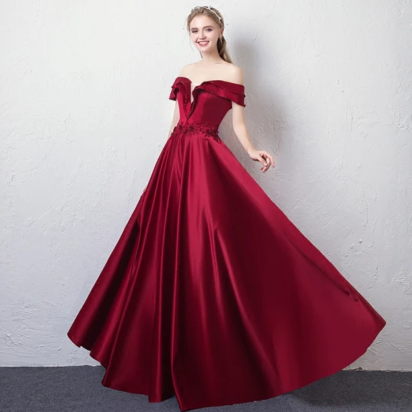 Elegant Burgundy Evening Dresses 2018 A-Line / Princess Off-The-Shoulder V-Neck Short Sleeve Appliques Lace Beading Crystal Floor-Length / Long Ruffle Backless Formal Dresses
