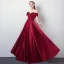Elegant Burgundy Evening Dresses  2018 A-Line / Princess Off-The-Shoulder V-Neck Short Sleeve Appliques Lace Beading Crystal Floor-Length / Long Ruffle Backless Formal Dresses