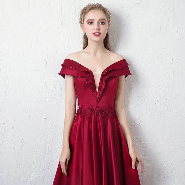 Elegant Burgundy Evening Dresses 2018 A-Line / Princess Off-The-Shoulder V-Neck Short Sleeve Appliques Lace Beading Crystal Floor-Length / Long Ruffle Backless Formal Dresses