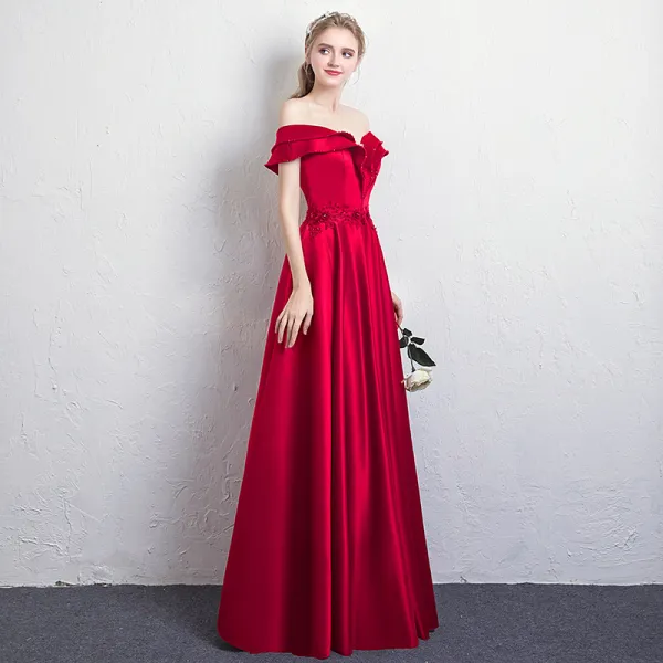 Elegant Burgundy Evening Dresses 2018 A-Line / Princess Off-The-Shoulder V-Neck Short Sleeve Appliques Lace Beading Crystal Floor-Length / Long Ruffle Backless Formal Dresses