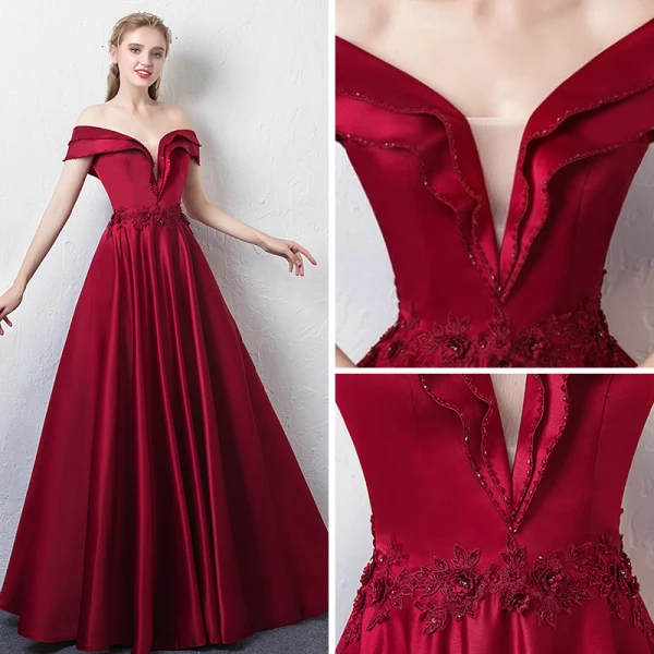 Elegant Burgundy Evening Dresses 2018 A-Line / Princess Off-The-Shoulder V-Neck Short Sleeve Appliques Lace Beading Crystal Floor-Length / Long Ruffle Backless Formal Dresses