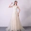 Bling Bling Champagne Evening Dresses  2018 A-Line / Princess Scoop Neck Sleeveless Appliques Flower Sequins Beading Sash Court Train Ruffle Formal Dresses