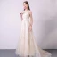 Bling Bling Champagne Evening Dresses  2018 A-Line / Princess Scoop Neck Sleeveless Appliques Flower Sequins Beading Sash Court Train Ruffle Formal Dresses