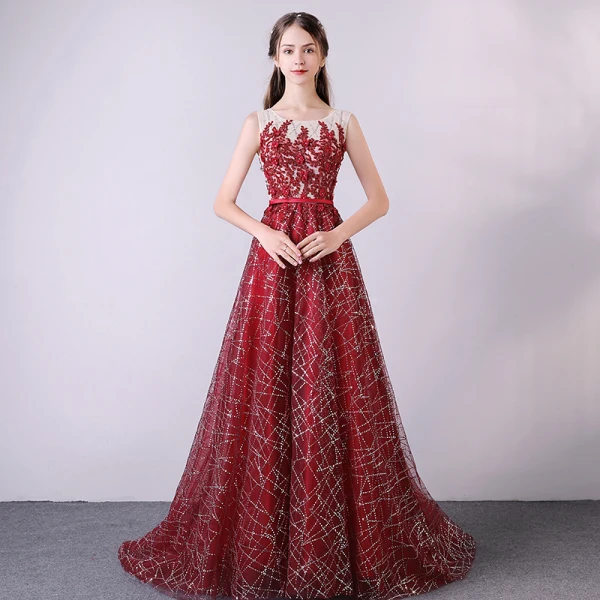 Bling Bling Champagne Evening Dresses 2018 A-Line / Princess Scoop Neck Sleeveless Appliques Flower Sequins Beading Sash Court Train Ruffle Formal Dresses