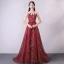 Bling Bling Champagne Evening Dresses  2018 A-Line / Princess Scoop Neck Sleeveless Appliques Flower Sequins Beading Sash Court Train Ruffle Formal Dresses