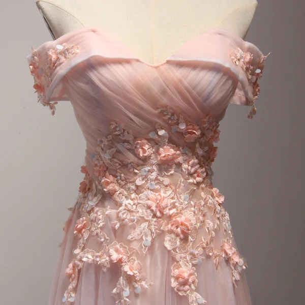 Chic / Beautiful Pearl Pink Evening Dresses 2017 A-Line / Princess Floor-Length / Long Cascading Ruffles Off-The-Shoulder Short Sleeve Backless Appliques Flower Beading Formal Dresses