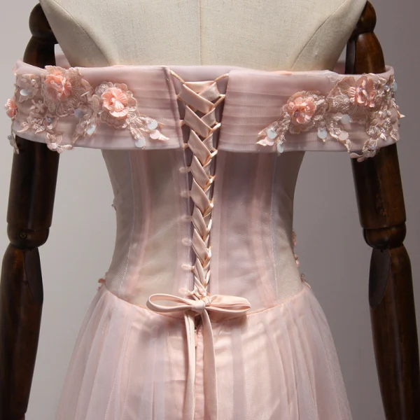 Chic / Beautiful Pearl Pink Evening Dresses 2017 A-Line / Princess Floor-Length / Long Cascading Ruffles Off-The-Shoulder Short Sleeve Backless Appliques Flower Beading Formal Dresses