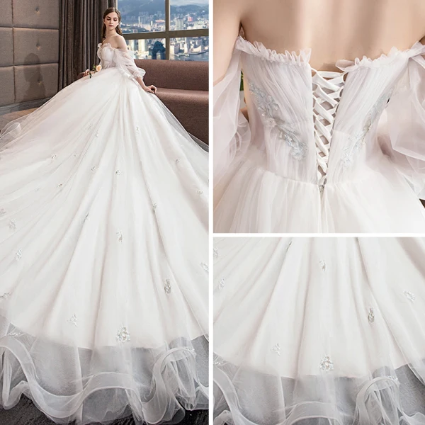 Fine Elfenben Brudekjoler 2018 Prinsesse Kjæreste Langermede Appliques Blonder Beading Buste Royal Train