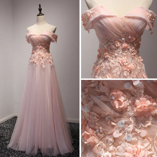Chic / Beautiful Pearl Pink Evening Dresses 2017 A-Line / Princess Floor-Length / Long Cascading Ruffles Off-The-Shoulder Short Sleeve Backless Appliques Flower Beading Formal Dresses