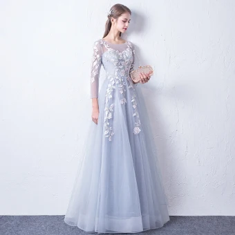 Chic Beautiful Silver See Through Evening Dresses 2018 A Line Princess Scoop Neck Long Sleeve Appliques Lace Floor Length Long Ruffle Backless Formal Dresses