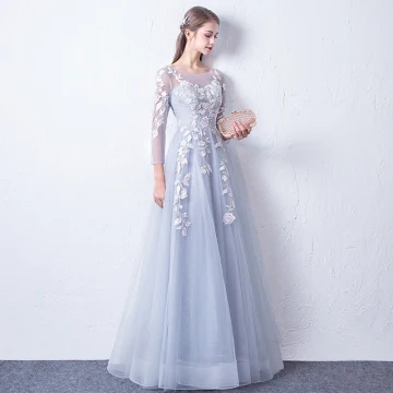 Chic Beautiful Silver See Through Evening Dresses 2018 A Line Princess Scoop Neck Long Sleeve Appliques Lace Floor Length Long Ruffle Backless Formal Dresses