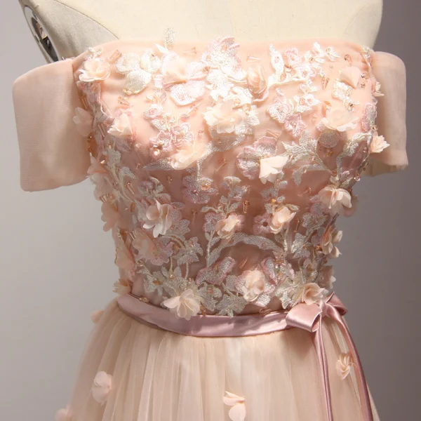 Chic / Beautiful Champagne Evening Dresses 2017 A-Line / Princess Floor-Length / Long Cascading Ruffles Off-The-Shoulder Short Sleeve Backless Appliques Flower Beading Crystal Formal Dresses