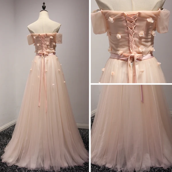 Chic / Beautiful Champagne Evening Dresses 2017 A-Line / Princess Floor-Length / Long Cascading Ruffles Off-The-Shoulder Short Sleeve Backless Appliques Flower Beading Crystal Formal Dresses