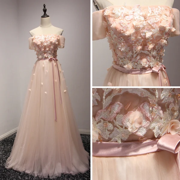Chic / Beautiful Champagne Evening Dresses 2017 A-Line / Princess Floor-Length / Long Cascading Ruffles Off-The-Shoulder Short Sleeve Backless Appliques Flower Beading Crystal Formal Dresses