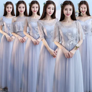 Chic Beautiful Grey Bridesmaid Dresses 2018 A Line Princess Appliques Lace Floor Length Long Ruffle Backless Wedding Party Dresses