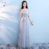 Chic / Beautiful Grey Bridesmaid Dresses 2018 A-Line / Princess Appliques Lace Floor-Length / Long Ruffle Backless Wedding Party Dresses