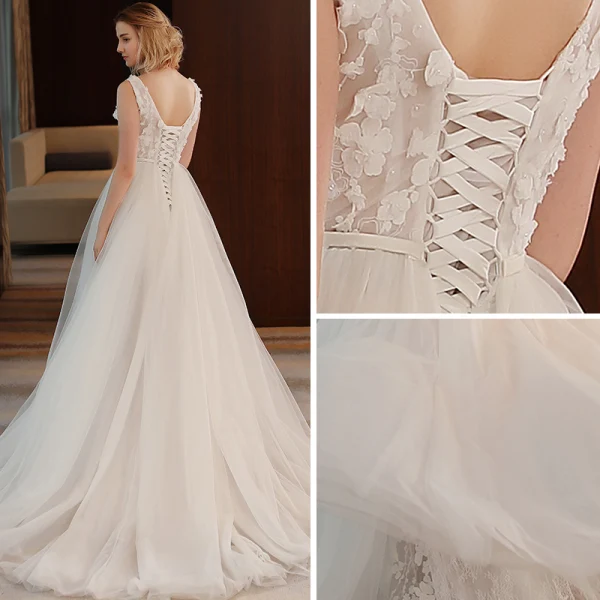 Schlicht Ivory / Creme Strand Brautkleider 2018 A Linie V-Ausschnitt Ärmellos Rückenfreies Applikationen Blumen Perle Pailletten Rüschen Sweep / Pinsel Zug