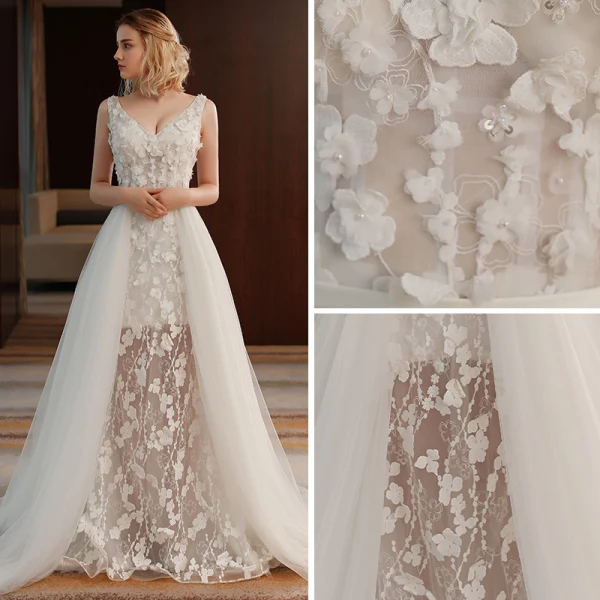 Schlicht Ivory / Creme Strand Brautkleider 2018 A Linie V-Ausschnitt Ärmellos Rückenfreies Applikationen Blumen Perle Pailletten Rüschen Sweep / Pinsel Zug