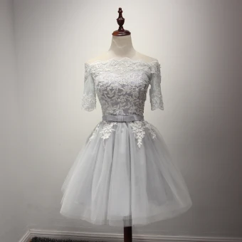 Moderne Mode Gris Robe De Fete 2017 Volants En Cascade Courte Princesse De L Épaule 1 2 Manches Dos Nu En Dentelle Appliques Perlage Paillettes Noeud Ceinture Robe De Ceremonie