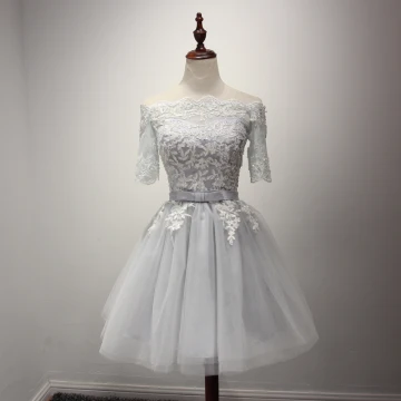 Modern Fashion Grey Party Dresses 2017 Cascading Ruffles Short A Line Princess Off The Shoulder 1 2 Sleeves Backless Lace Appliques Beading Sequins Bow Sash Formal Dresses