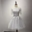 Modern / Fashion Grey Party Dresses 2017 Cascading Ruffles Short A-Line / Princess Off-The-Shoulder 1/2 Sleeves Backless Lace Appliques Beading Sequins Bow Sash Formal Dresses