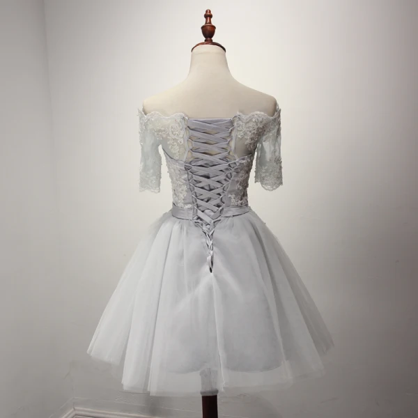 Modern / Fashion Grey Party Dresses 2017 Cascading Ruffles Short A-Line / Princess Off-The-Shoulder 1/2 Sleeves Backless Lace Appliques Beading Sequins Bow Sash Formal Dresses