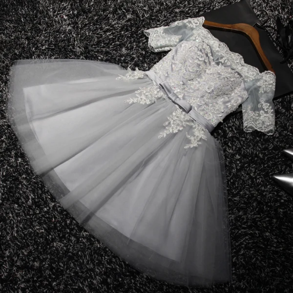 Modern / Fashion Grey Party Dresses 2017 Cascading Ruffles Short A-Line / Princess Off-The-Shoulder 1/2 Sleeves Backless Lace Appliques Beading Sequins Bow Sash Formal Dresses