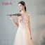 Modern / Fashion Pearl Pink See-through Evening Dresses  2018 A-Line / Princess Scoop Neck 3/4 Sleeve Butterfly Appliques Lace Floor-Length / Long Ruffle Formal Dresses
