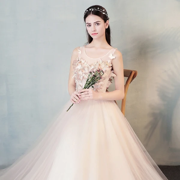 Modern / Fashion Pearl Pink See-through Evening Dresses 2018 A-Line / Princess Scoop Neck 3/4 Sleeve Butterfly Appliques Lace Floor-Length / Long Ruffle Formal Dresses