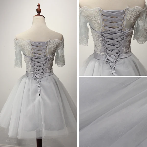 Modern / Fashion Grey Party Dresses 2017 Cascading Ruffles Short A-Line / Princess Off-The-Shoulder 1/2 Sleeves Backless Lace Appliques Beading Sequins Bow Sash Formal Dresses