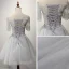 Modern / Fashion Grey Party Dresses 2017 Cascading Ruffles Short A-Line / Princess Off-The-Shoulder 1/2 Sleeves Backless Lace Appliques Beading Sequins Bow Sash Formal Dresses
