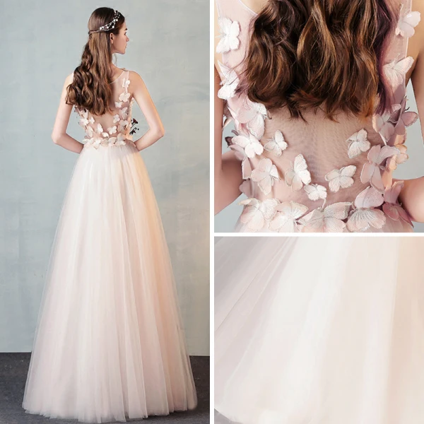 Modern / Fashion Pearl Pink See-through Evening Dresses 2018 A-Line / Princess Scoop Neck 3/4 Sleeve Butterfly Appliques Lace Floor-Length / Long Ruffle Formal Dresses
