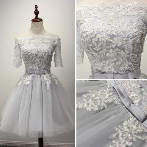 Modern / Fashion Grey Party Dresses 2017 Cascading Ruffles Short A-Line / Princess Off-The-Shoulder 1/2 Sleeves Backless Lace Appliques Beading Sequins Bow Sash Formal Dresses