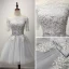 Modern / Fashion Grey Party Dresses 2017 Cascading Ruffles Short A-Line / Princess Off-The-Shoulder 1/2 Sleeves Backless Lace Appliques Beading Sequins Bow Sash Formal Dresses