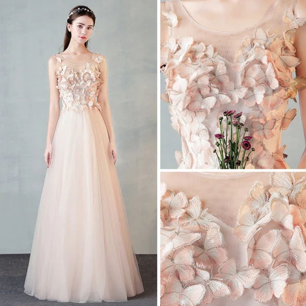 Modern / Fashion Pearl Pink See-through Evening Dresses 2018 A-Line / Princess Scoop Neck 3/4 Sleeve Butterfly Appliques Lace Floor-Length / Long Ruffle Formal Dresses