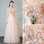 Modern / Fashion Pearl Pink See-through Evening Dresses  2018 A-Line / Princess Scoop Neck 3/4 Sleeve Butterfly Appliques Lace Floor-Length / Long Ruffle Formal Dresses